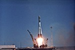 April 12, 1961. The launch of Vostok-1, first spacecraft that placed a human being to a circumterrestrial orbit