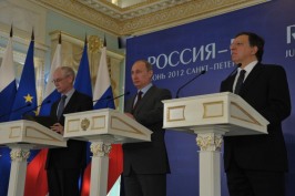 Herman Van Rompuy, President of the European Council, Vladimir Putin, President of the Russian Federation, and Jose Manuel Barroso, President of the European Commission. Press-conference following the Russia-EU summit held on 3-4 June 2012 in St. Petersburg, Russia